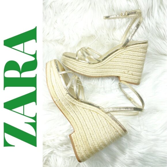 ZARA Gold Strappy Stacked Platform Wedge Open Toe Summer Sandal, Size 40 - Picture 3 of 11